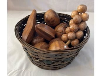 Wicker Basket Filled With 10 Pieces Of Wood Fruit