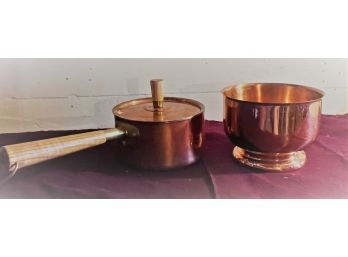 Set Of 2 COPPER Bowl And Wooden Handle Pan