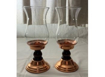 2 Copper And Wood Candlestick Holders With Glass Tops