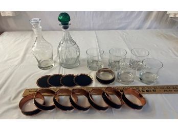 2 Decanters / 6 Bar Glass Set With Copper Faux Leather Ring And Coaster Set