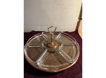 Copper Serving Platter With Handle And 6 Separated Glass Serving Bowls - New In Box