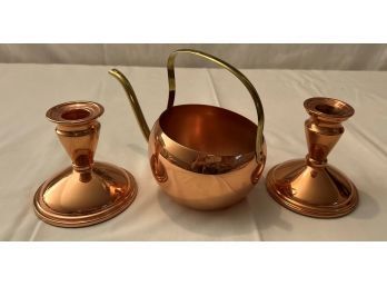 COPPER Watering Pot With Brass Handle & 2 Copper Candlestick Holders