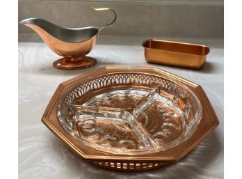 Lot Of 3 Copper Items (Glass Dish In Copper, 1 Copper Sauce Boat, 1 Copper Butter Dish)