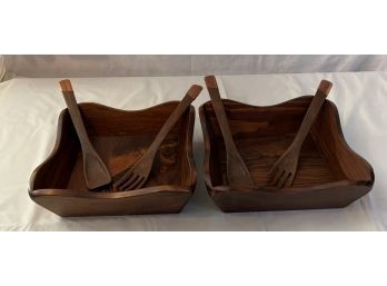 Lot Of 2 Wooden Salad Serving Bowls With Utensils (Copper Tipped)