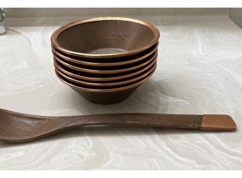 6 Faux Wood Salad Bowls - Copper Edge - With Serving Spoon