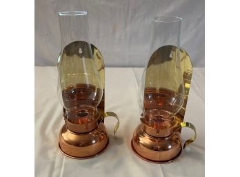 Set Of 2 Copper & Glass Cover Candle Holders Wall Mounted