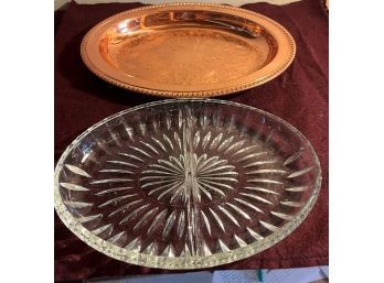 2 Piece Copper And Pressed Glass Serving Tray - New In Box