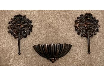 3 Piece Set Faux Copper Wall Hangings (1 Half Bowl, 2 Candlestick Holders)