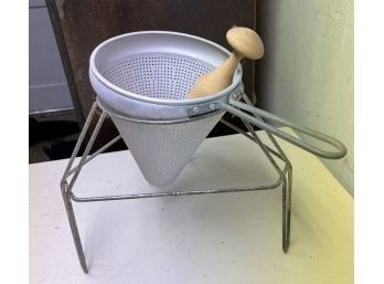 Vintage Aluminum Sieve With Tripod And Wooden Pestle