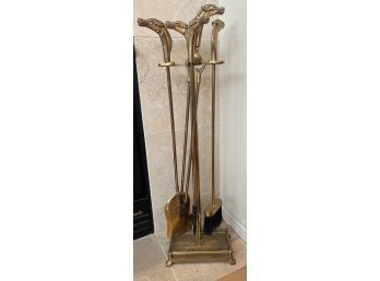 Vintage Brass Horse Head Fireplace Tools With Log Carrier
