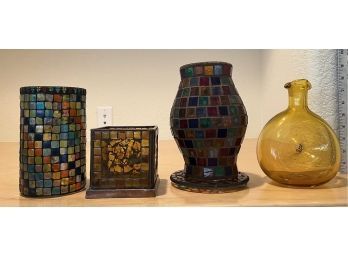 3 Mosaic Candle Holders & Blown Glass Vase