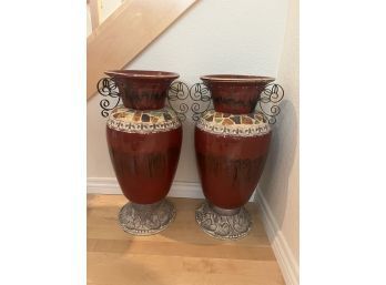 2 Large Decorative Ceramic Vases With Metal Details