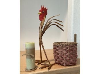 Various Decorations Including Basket & Candle & Carved Wooden Rooster