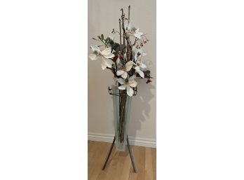 Elegant Faux Flower Arrangement In Contemporary Glass & Metal Stand