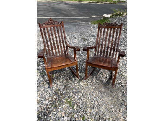Pair Of Indian Carved Wood Rocking Chairs