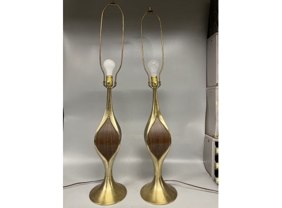 Pair Of Mid-Century Brass & Wood Table Lamps