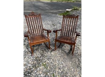 Pair Of Indian Carved Wood Rocking Chairs