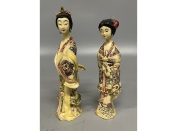 (2) Japanese Carved & Painted Resin Geisha Figures