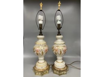Pair Of C. 1940's West German Painted Milk Glass Table Lamps