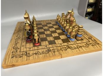 Russian Carved & Painted Wood Chess Set & Games Board