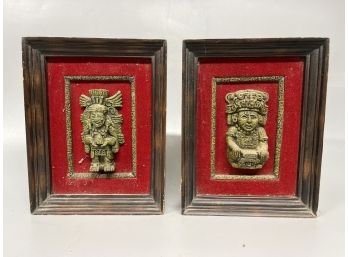 Pair Of Decorative Mexican Aztec-Style Framed Figures