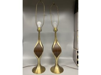 Pair Of Mid-Century Brass & Wood Table Lamps