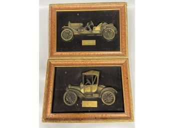 Pair Of Vintage Metal Reliefs Of Antique Cars