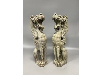Pair Of Cement Winged Lion Garden Gargoyle Sculptures