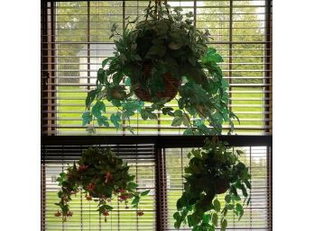 (3) Decorative Faux Plants In Hanging Baskets