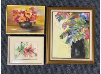 (3) Rose Silver Still Life Paintings Of Flowers