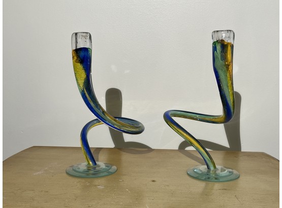 Pair Of Contemporary Art Glass Swirl Candlesticks