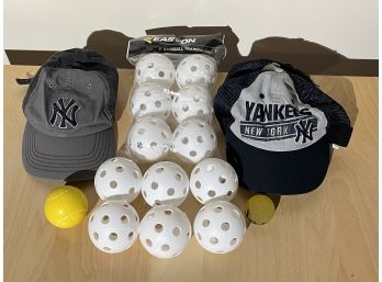 Grouping Of Whiffle Balls & Yankees Hats