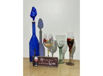 Grouping Of Goblets, Decanter, & Wine Sign