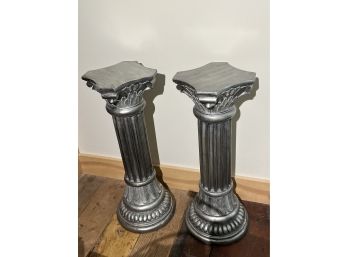 Pair Of Silvered Corinthian-Style Column Pedestals