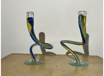 Pair Of Contemporary Art Glass Swirl Candlesticks