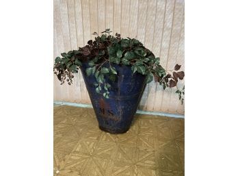 Large French Painted Tin & Wood Wall Basket W/ Faux Ivy Plant
