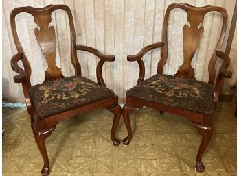 Pair Of Queen Anne-Style Mahogany Armchairs W/ Heraldic Seats