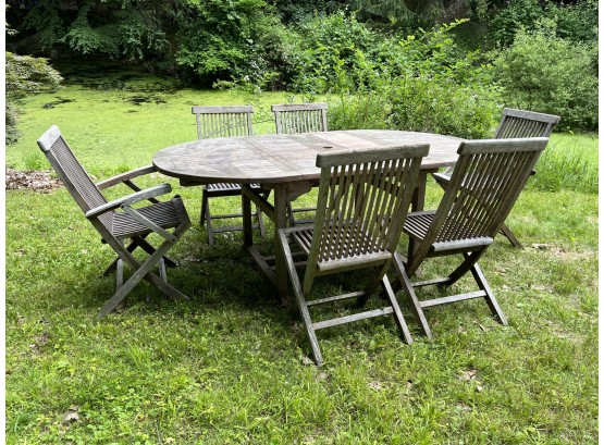 Teak Outdoor Dining Table & (6) Folding Chairs
