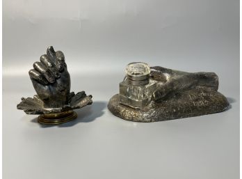 (2) Sculptural Metal Hand Inkwells