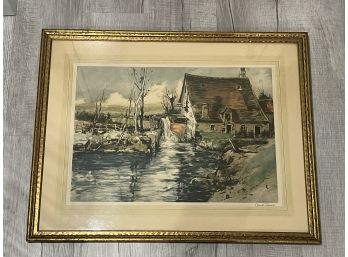 Water Mill Scene Signed Lithograph Print