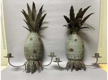 Pair Of Tole Pineapple Double-Arm Candle Sconces