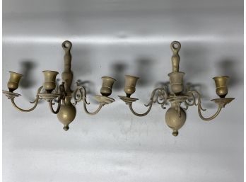 Pair Of Vintage Colonial-Style Brass 3-arm Candle Sconces