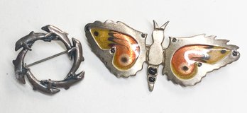 Vintage Stamped 925 Sterling Silver Moth Brooch And Dolphin Pin