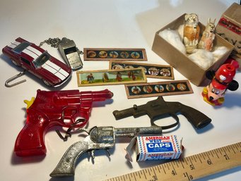 Vintage Toy Lot Toy Guns, Caps, Car, Army Whistle, Magic Lantern Glass Slides,mickey