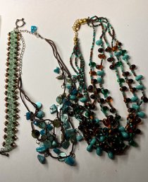 Beaded Costume Jewelry Lot - Turquoise And Brown Toned