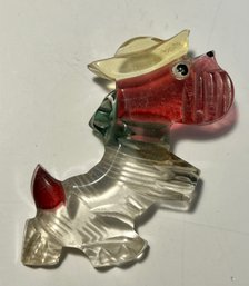 Vintage 1940s Lucite Carved Terrier Pin With Sailor Hat
