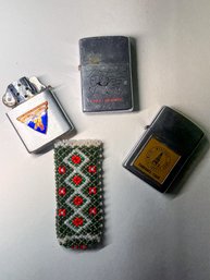 Vintage Lighters Lot (3) With Beaded Lighter Holder