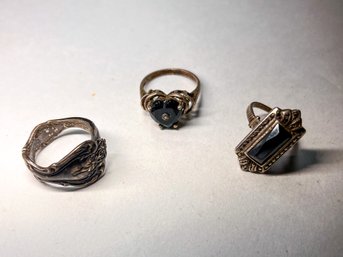 Vintage Sterling Rings, Black Glass/onyx Possibly Antique