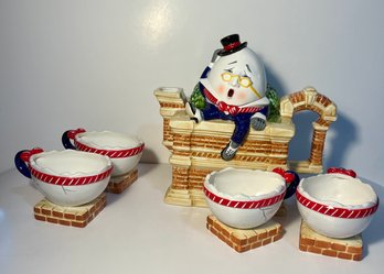 Retired Dept 56 Storybook Humpty Dumpty Hand Painted Teapot And Cups