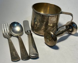 Antique Sterling Silver Baby Cup, Spoon, Fork, Knife And Rattle